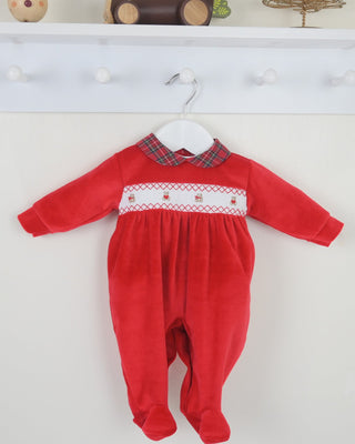 Unisex Red Teddy Smocked Sleepsuit